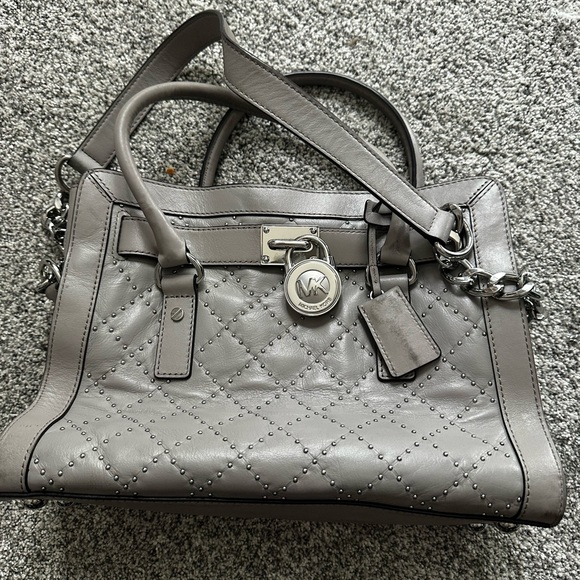 Michael Kors Satchel Handbag Mist Grey Leather Shoulder Bag Silver Hardware - Picture 3 of 10